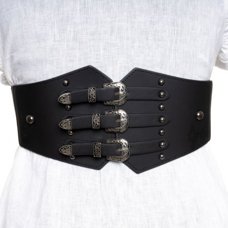 ACCESORII DAMĂ - Centura lata de 12 cm din piele ecologica cu catarame si tinte aurii, elastic la spate