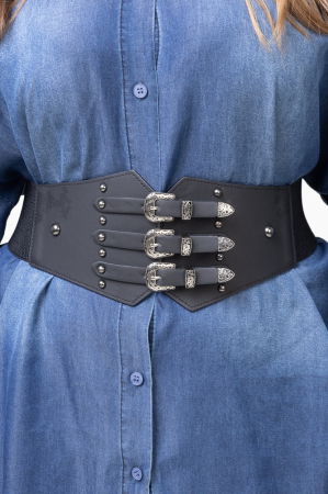 Centura lata de 12 cm din piele ecologica cu catarame si tinte aurii, elastic la spate [2]