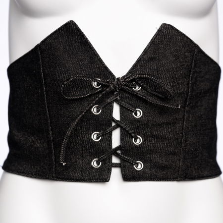 ACCESORII DAMĂ - Centura corset, lata din material jeans negru cu siret si capse mici