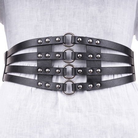 ACCESORII DAMĂ - Centura neagra lata din piele ecologica cu tinte si cercuri metalice