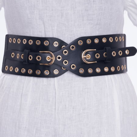 Curele & Centuri - Centura neagra lata de 8 cm din piele ecologica cu capse si catarame metalice aurii