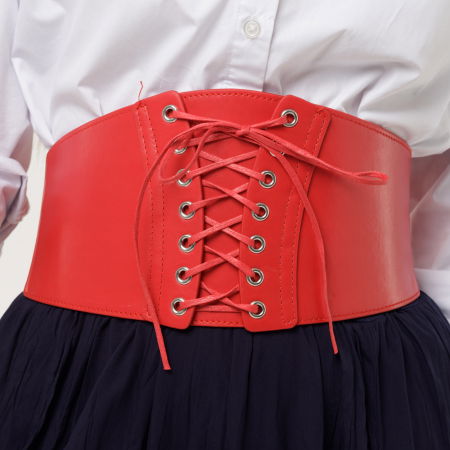 Centura rosie corset, lata, din piele ecologica cu siret si capse mici [3]