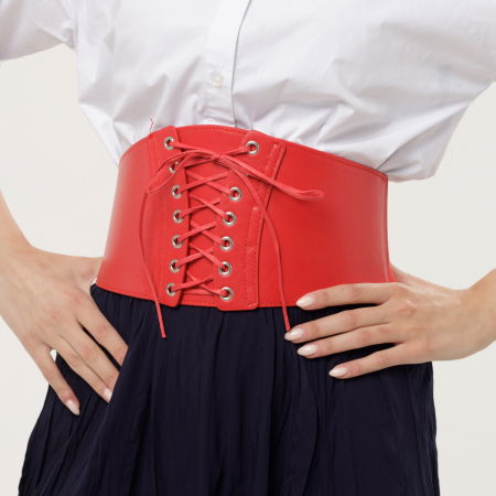 Centura rosie corset, lata, din piele ecologica cu siret si capse mici [2]