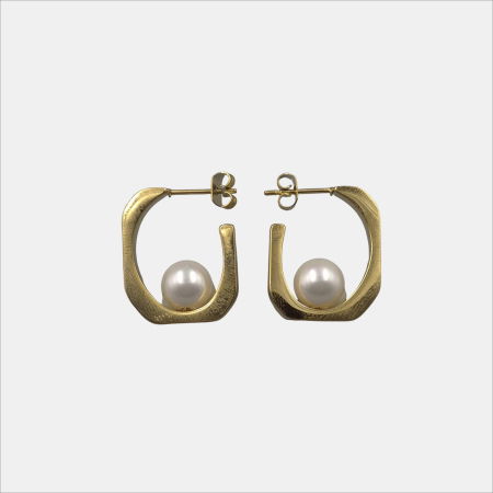 Cercei - Cercei aurii geometrici, din otel inoxidabil, cu perlă