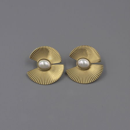Cercei aurii statement, din otel inoxidabil, evantai cu perlă [1]