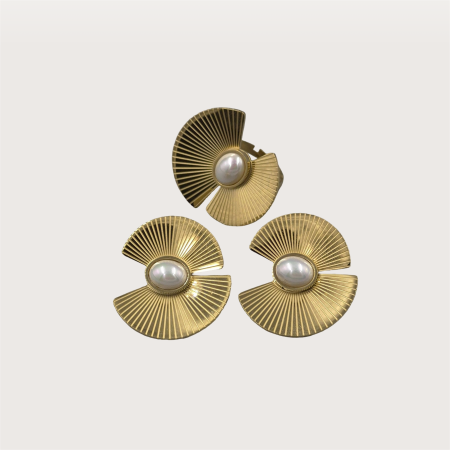 Cercei aurii statement, din otel inoxidabil, evantai cu perlă [2]