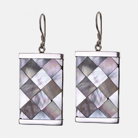 BIJUTERII - Cercei dreptunghiulari din argint, onix si paua shell