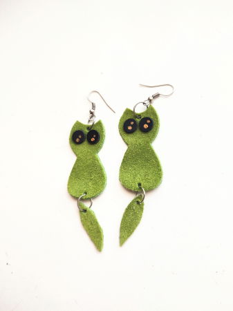 Cercei din piele naturală olive, în formă de pisicuțe [1]