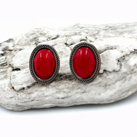 Bijuterii Fashion - Cercei ovali, eleganti, din otel inoxidabil cu coral rosu
