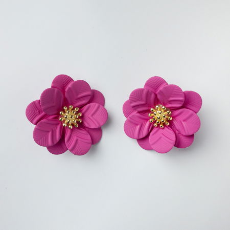 Cercei - Cercei in forma de floare cu petale duble si auriu in mijloc, fucsia