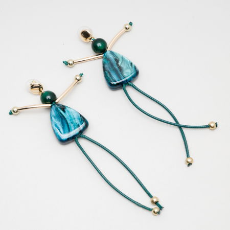 Cercei lungi in forma de papusica cu picioare lungi din snur textil, turcoaz inchis [1]