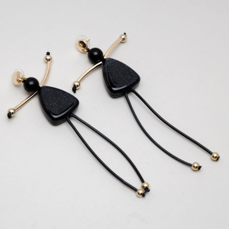 Cercei lungi in forma de papusica cu picioare lungi din snur textil, negru [1]