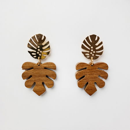 Cercei - Cercei metalici aurii frunze de palmier din lemn natural