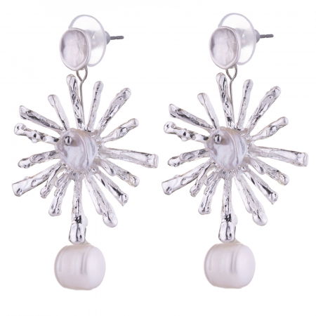 Cercei metalici argintii in forma de soare stilizat cu perle [1]