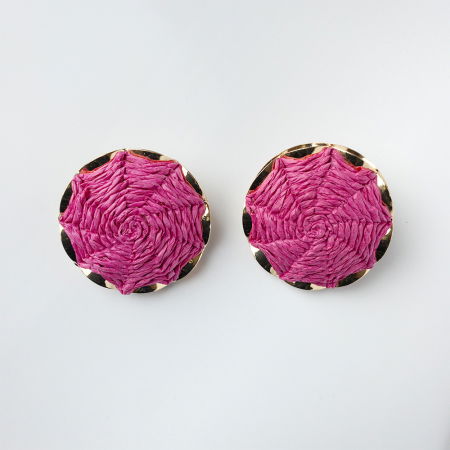 Cercei - Cercei metalici cu forma rotunda bombata, fucsia cu auriu