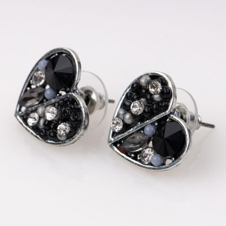 Cercei - Cercei metalici sub forma a doua inimi, pietre negre