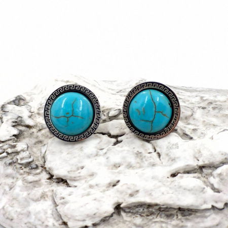 Bijuterii Fashion - Cercei rotunzi, eleganti, din otel inoxidabil cu piatra naturala turcoaz