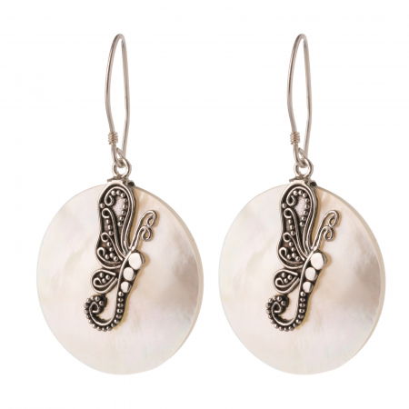 Cercei rotunzi cu scoica naturala si decoratiune  fluture din argint 925 [1]