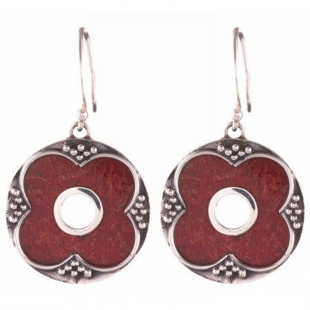 Cercei rotunzi din argint cu coral si decoratiune pe toata circumferinta [2]