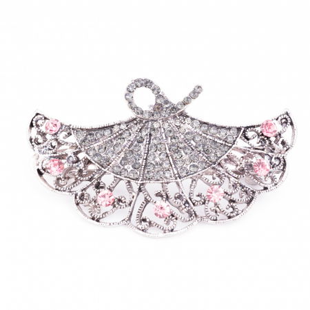 Accesorii Păr - Clama medie metalica cu forma de evantai argintiu cu pietre decorative argintii si roz