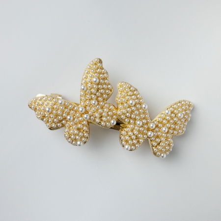 PLAJĂ SI VACANȚĂ - Clama medie metalica aurie cu doi fluturi acoperiti cu perle sintetice albe si fine