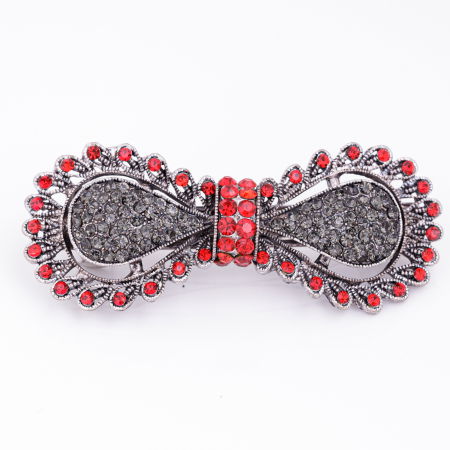 Accesorii Păr - Clama medie metalica funda argintie cu pietre decorative argintii si rosii