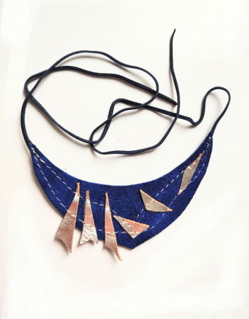 Colier albastru electric  statement din piele naturala, spirit festiv ,unicat [1]