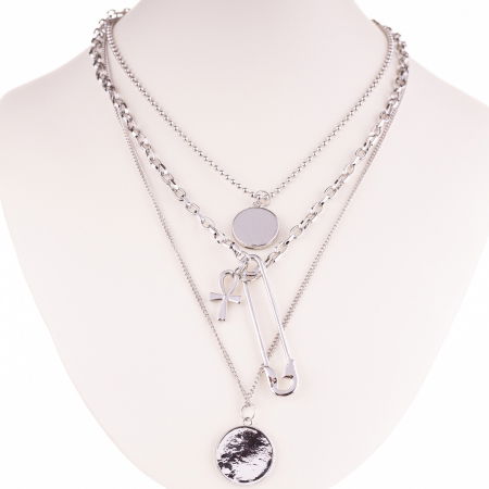 Coliere & Lanțuri - Colier argintiu cu trei lanturi si patru pandantive diferite