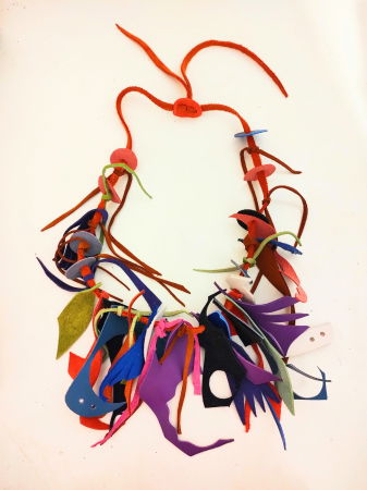 Coliere si Cercei Handmade - Colier asimetric multicolor realizat din mix piele naturală