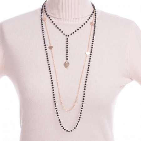 Coliere & Lanțuri - Colier lung cu 3 siruri cu inimi metalice aurii si lanturi cu margelute negre