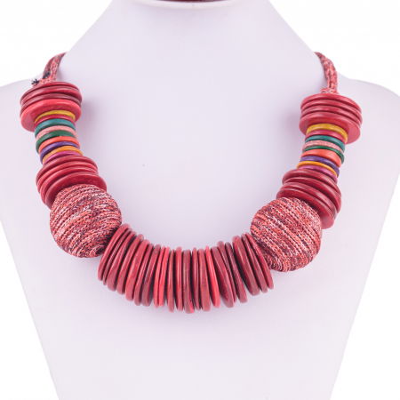 Coliere & Lanțuri - Colier cu elemente rontunde plate din lemn si textil, rosu