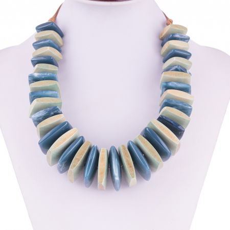 Coliere & Lanțuri - Colier cu elemente rectangulare din lemn si plastic, albastru si verde