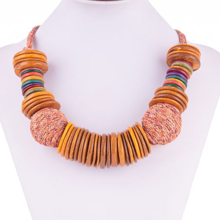 Coliere & Lanțuri - Colier cu elemente rontunde plate din lemn si textil, galben mustar