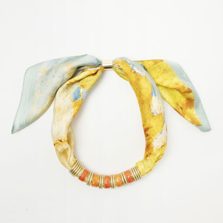 Coliere & Lanțuri - Colier esarfa cu imprimeu floral galben si inele metalice aurii si galbene