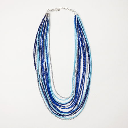 Coliere & Lanțuri - Colier cu multe siruri din margelute mici in nuante de albastru si gri metalizat