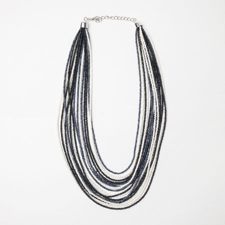 Coliere & Lanțuri - Colier cu multe siruri din margelute mici albe, negre si gri metalizat