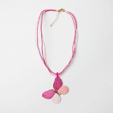 Colier cu multe siruri si fluture pandant, in nuante de roz si fucsia [1]