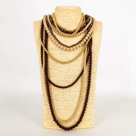 Coliere & Lanțuri - Colier multisir în nuanțe camel, maro, bej și auriu – layering boho chic