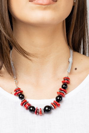 Coliere & Lanțuri Argint - Colier din onix cu placute de hematit argintiu si coral inserate