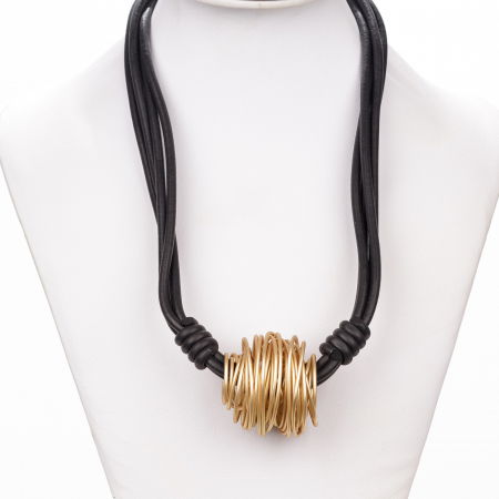 Coliere & Lanțuri - Colier scurt din silicon negru cu pandant cu aspect organic din metal auriu