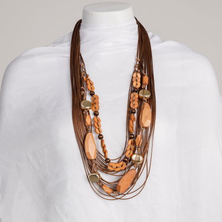 Coliere & Lanțuri - Colier multi-sirag din fire textile cu elemente din lemn si accente metalice aurii, camel
