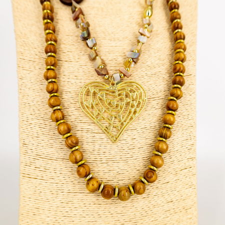 Colier lung statement bej cu inima aurie cu lemn si sidef - stil italian [2]