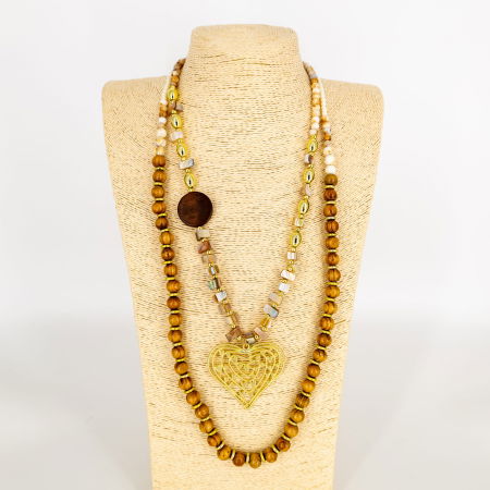 Bijuterii Fashion - Colier lung statement bej cu inima aurie cu lemn si sidef - stil italian