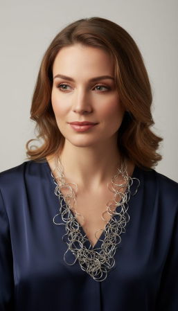 Coliere & Lanțuri - Colier lung statement din multe siruri, cu bucle in cascada, argintiu