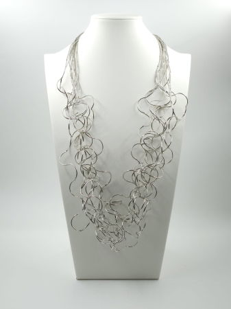 BIJUTERII - Colier lung statement din multe siruri, cu bucle in cascada, argintiu