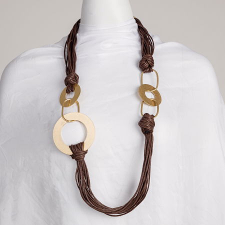 Coliere & Lanțuri - Colier multi-fire maro cu elemente metalice aurii oversized