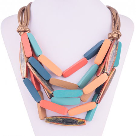 Coliere & Lanțuri - Colier multicolor din lemn corai, portocaliu si turcoaz