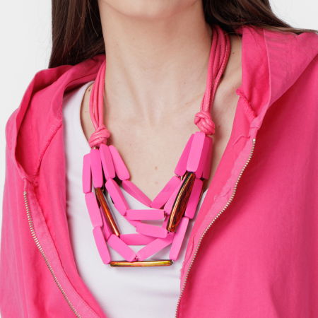 Colier multicolor din lemn fucsia mat [3]