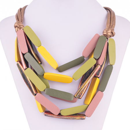 BIJUTERII - Colier multicolor din lemn galben, kaki si roz prafui