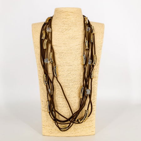 Coliere & Lanțuri - Colier multisir maro cu elemente aurii și cristale – boho statement